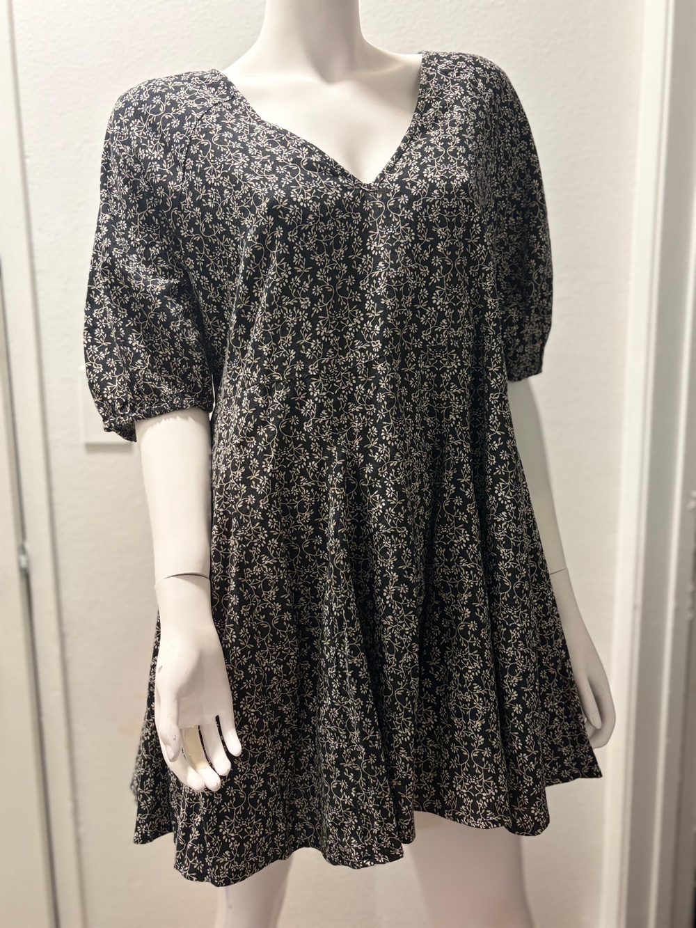 Black Floral V-Neck Swing Dress